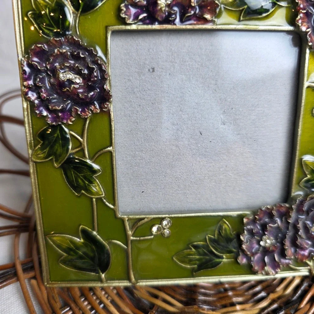 Vintage 90s Style Enamel Floral Picture Frame Green Purple Rhinestone Jeweled